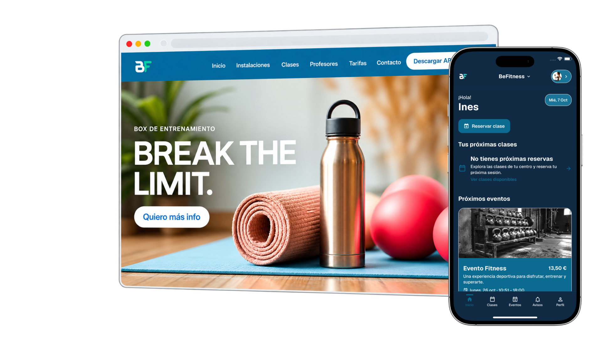 Web personalizada de BeFitness en ordenador y aplicación móvil